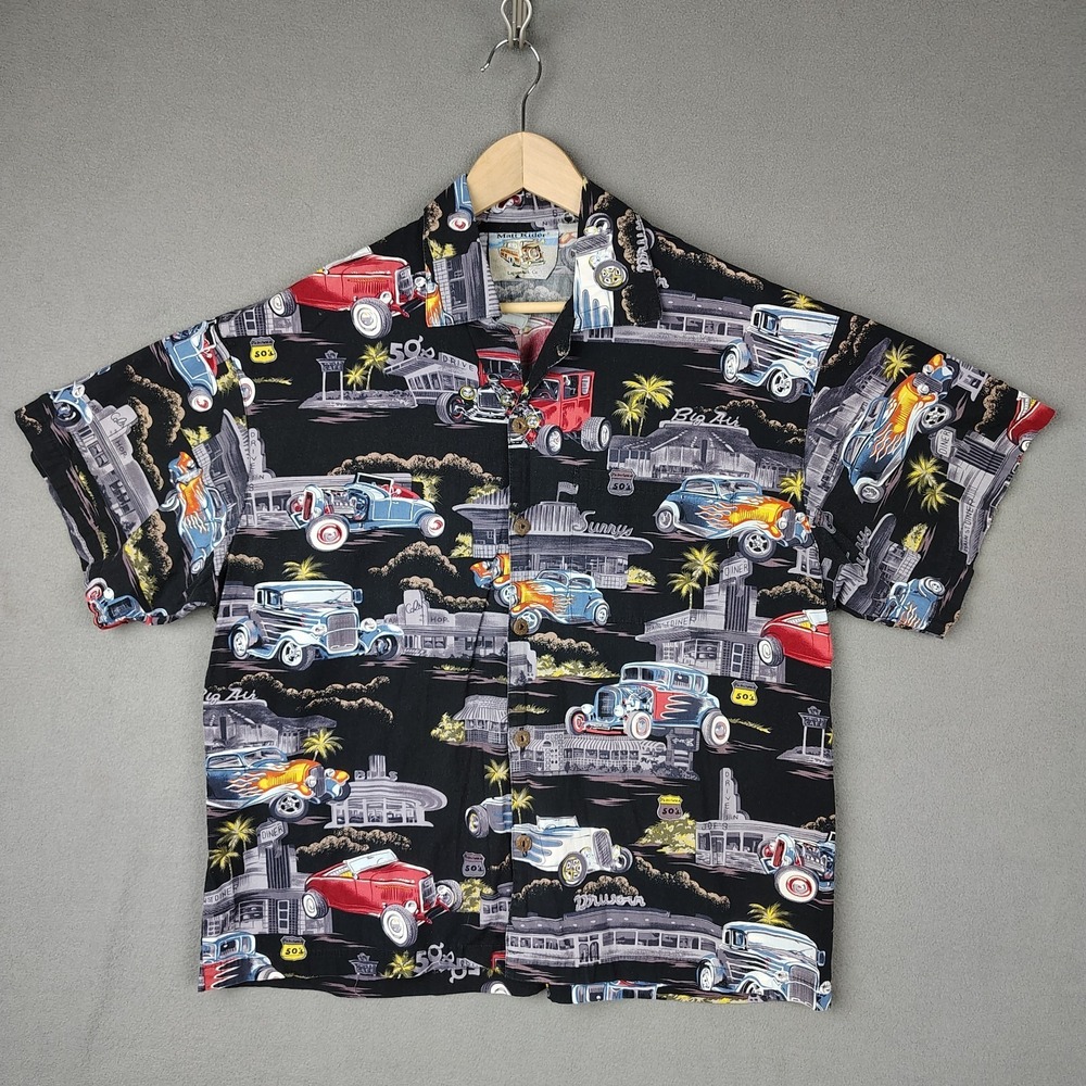 Matt Rider Hawaiian Shirt Vintage Hot Rods Large Black 40s 50s Cars Laguna Beach